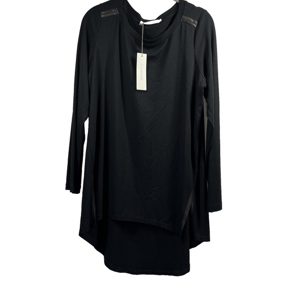 Elaine Kim Leather Trim Tunic Top‎ Sz L Gothic Black Tunic Long Sleeve Hi/Lo Hem - Picture 7 of 12